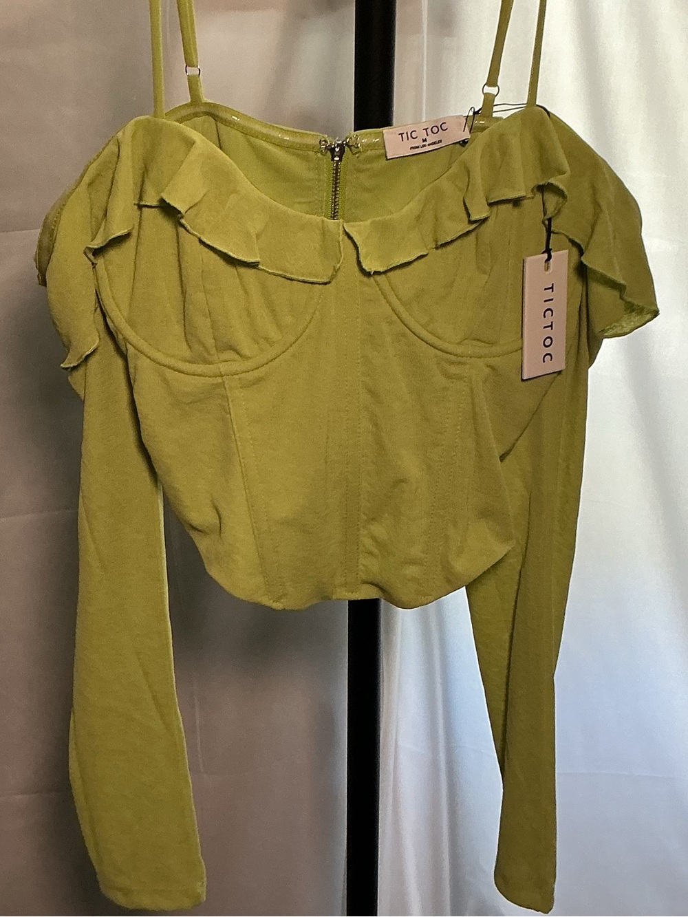NWT TIC TOC Lime Green Ruffle Long Sleeve Corset Crop Top Adjust Straps Size M